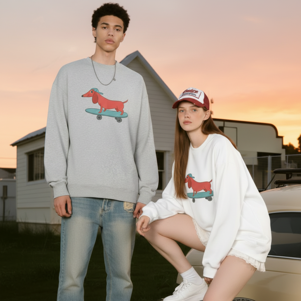 Skateboarding Dachshund Green Cap Graphic Crewneck C1053