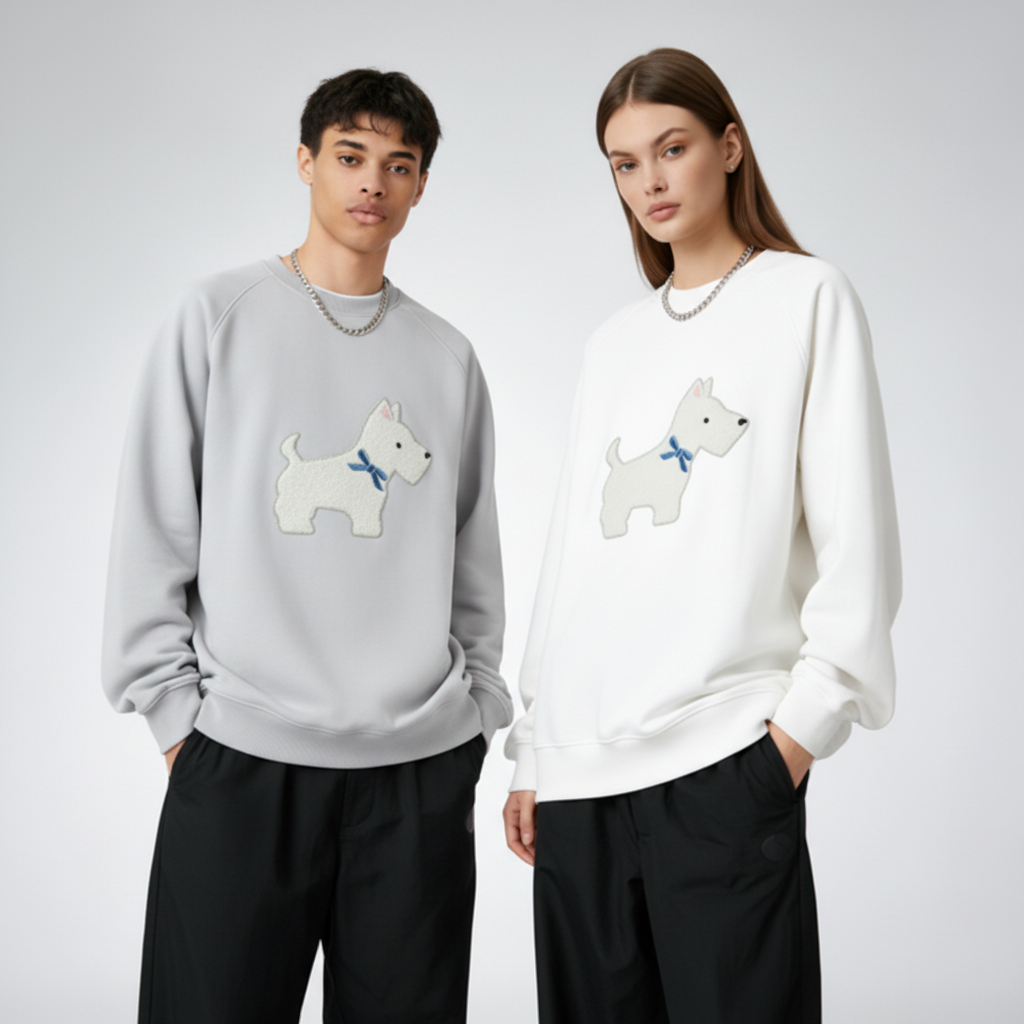 White Scottie Dog Blue Bow Crewneck C1073