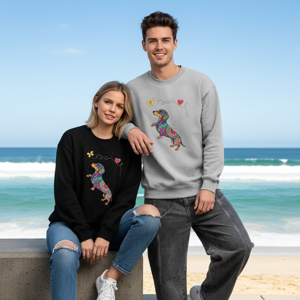 Floral Dachshund Butterfly Heart Boho Crewneck C1113