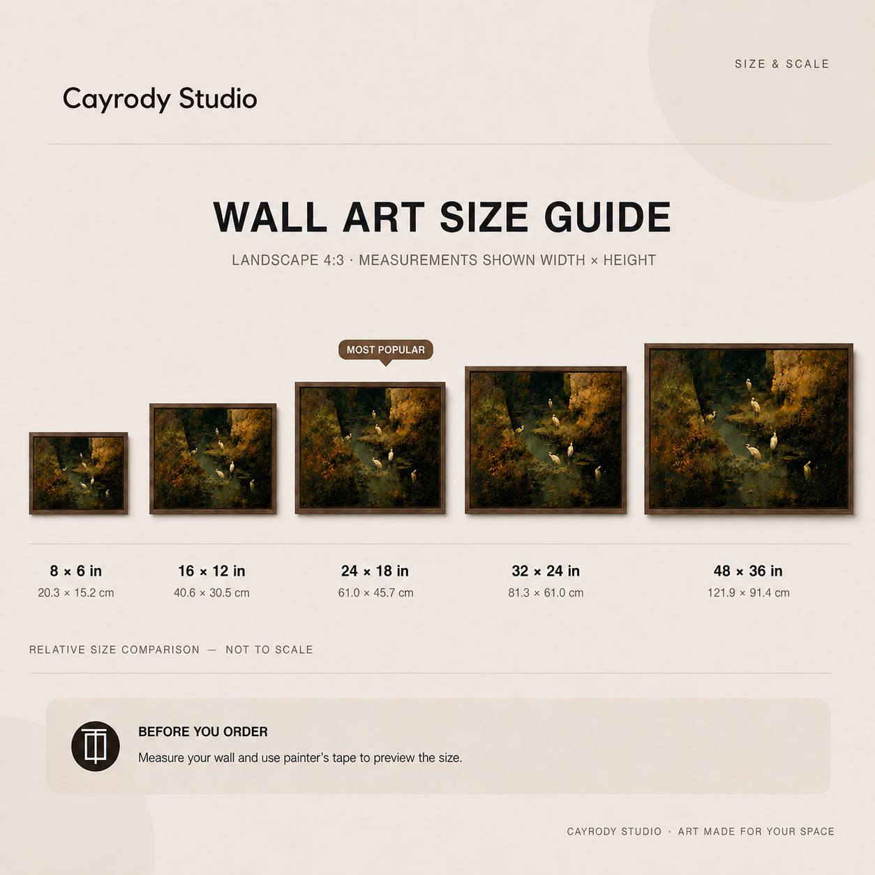 Cayrody Studio wall art size guide displaying egret canvas print across five sizes from small to extra large