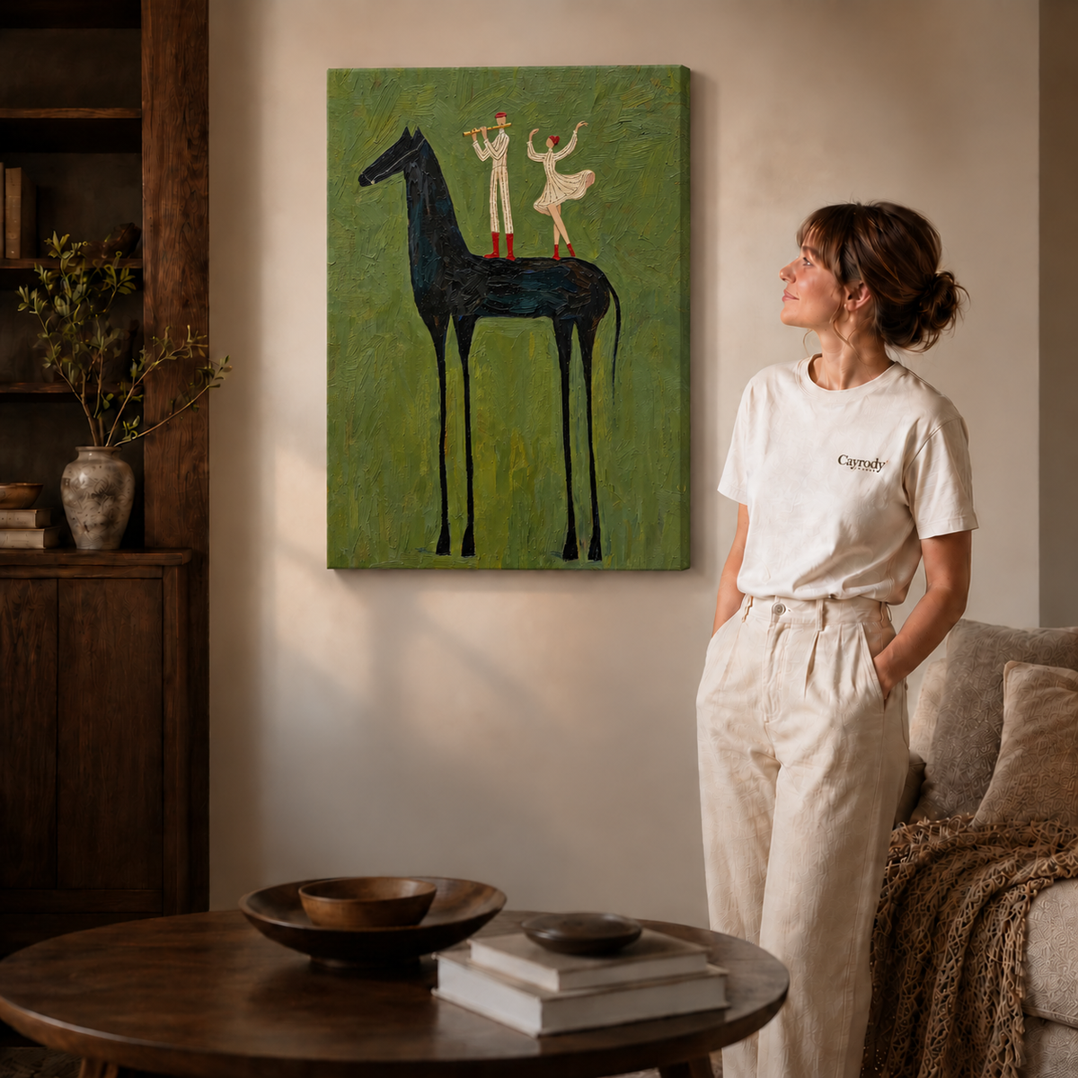 Whimsical black horse canvas wall art gallery wrapped option displayed without a decorative frame beside a standing woman.
