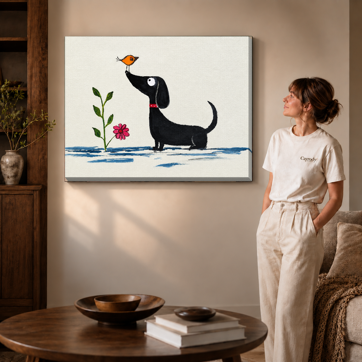 Whimsical dachshund canvas wall art showing the gallery wrapped canvas option above a wooden table.