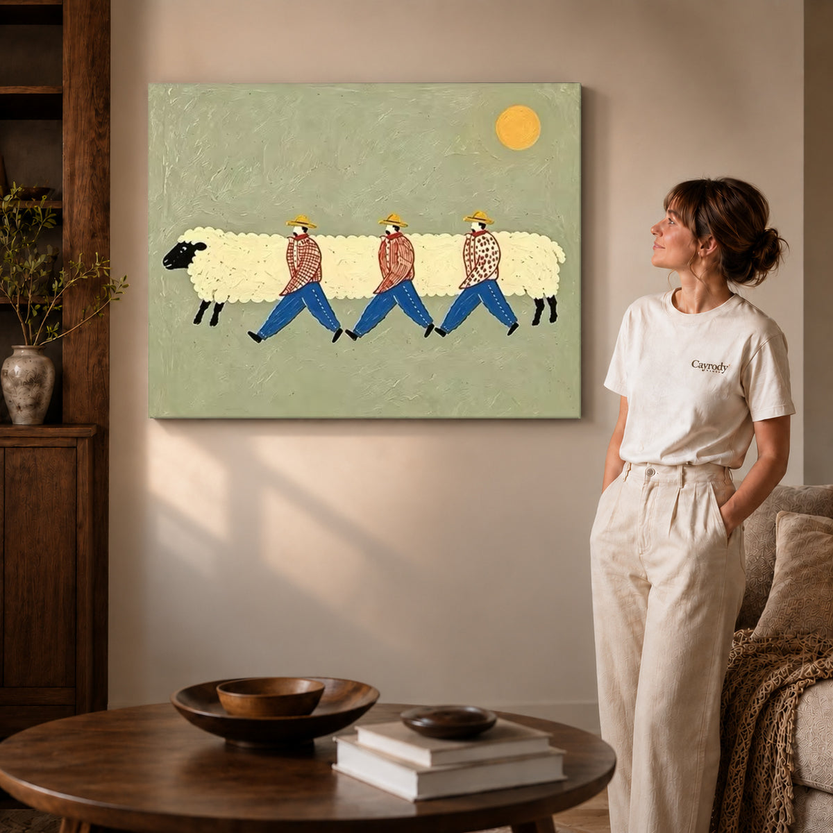 Sheep parade canvas art on unframed wrapped canvas, showing natural edge depth against the living room wall.
