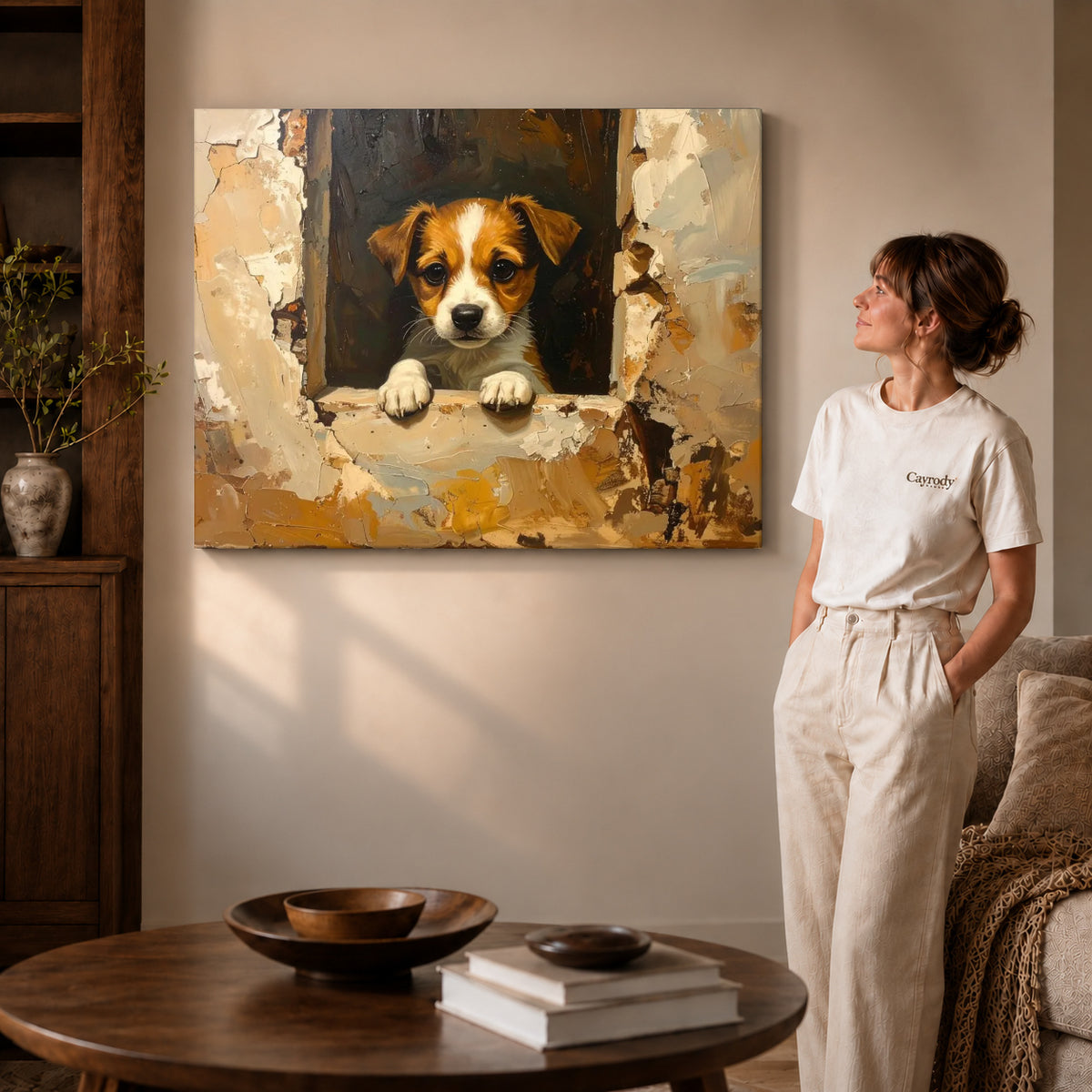 Window puppy canvas art on unframed wrapped canvas, showing natural edge depth against the living room wall.
