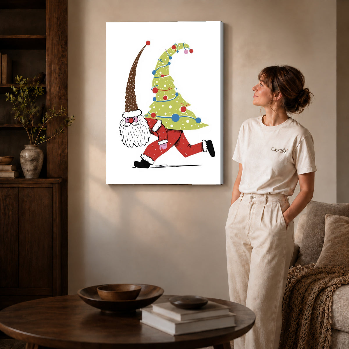 Christmas gnome canvas art on unframed wrapped canvas, showing its shaded edge in the living room.