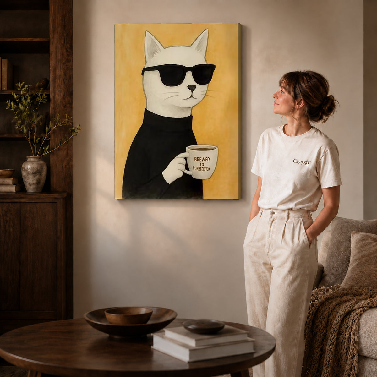 Coffee cat canvas art on unframed wrapped canvas, showing natural edge depth against the living room wall.
