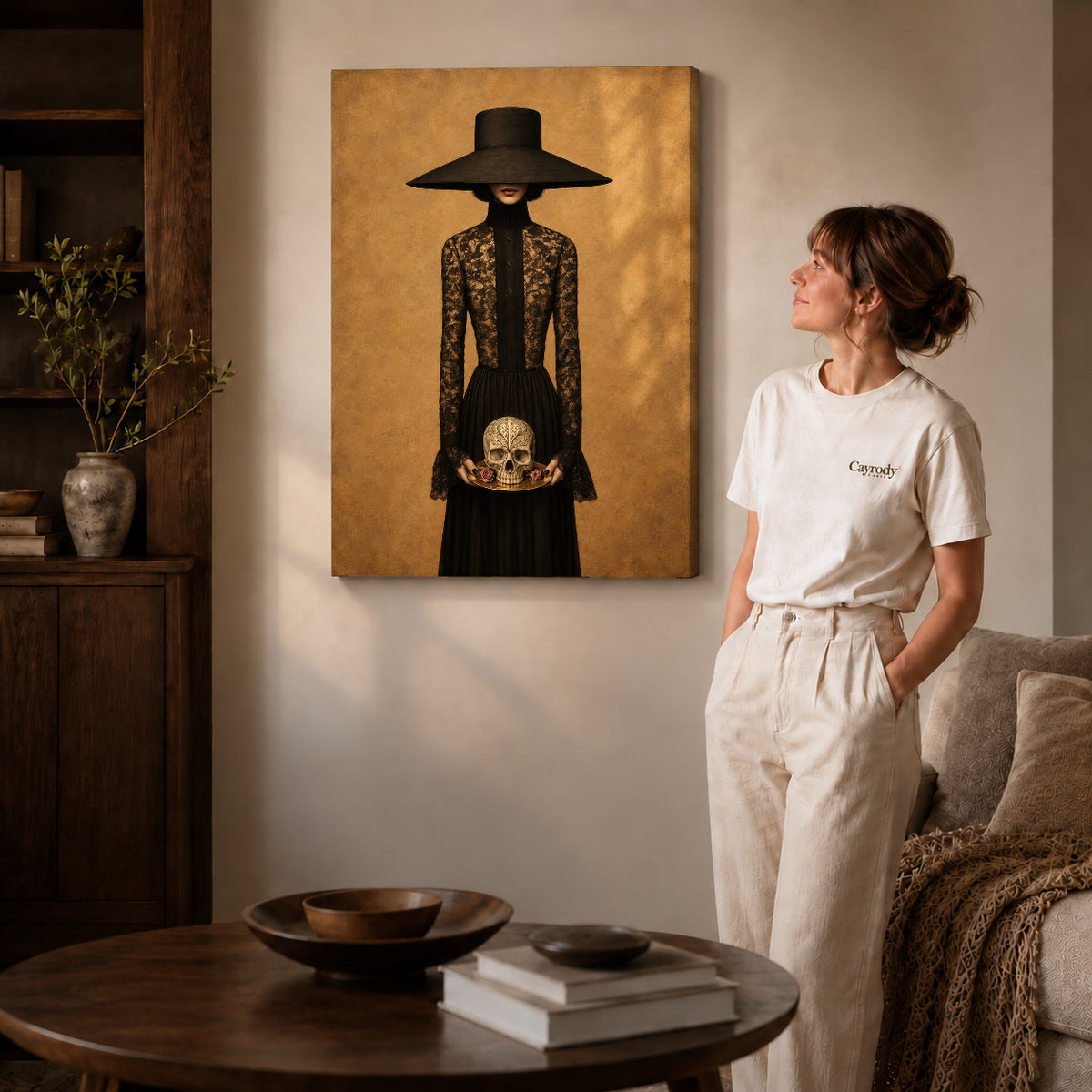 Gallery wrapped gothic lady canvas art with visible canvas edges beside a standing woman.