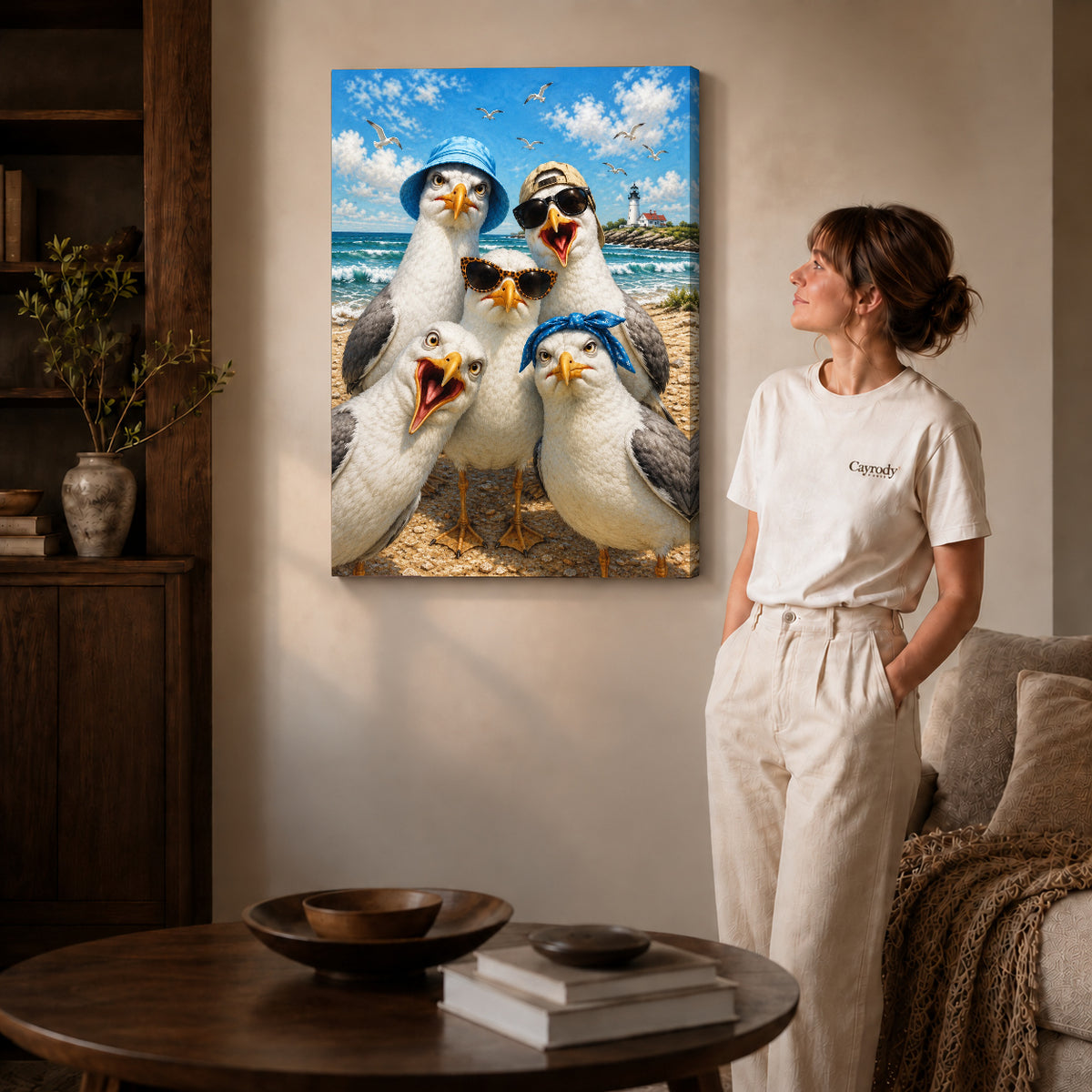 Gallery wrapped beach seagull selfie canvas art with visible canvas edges beside a standing woman.