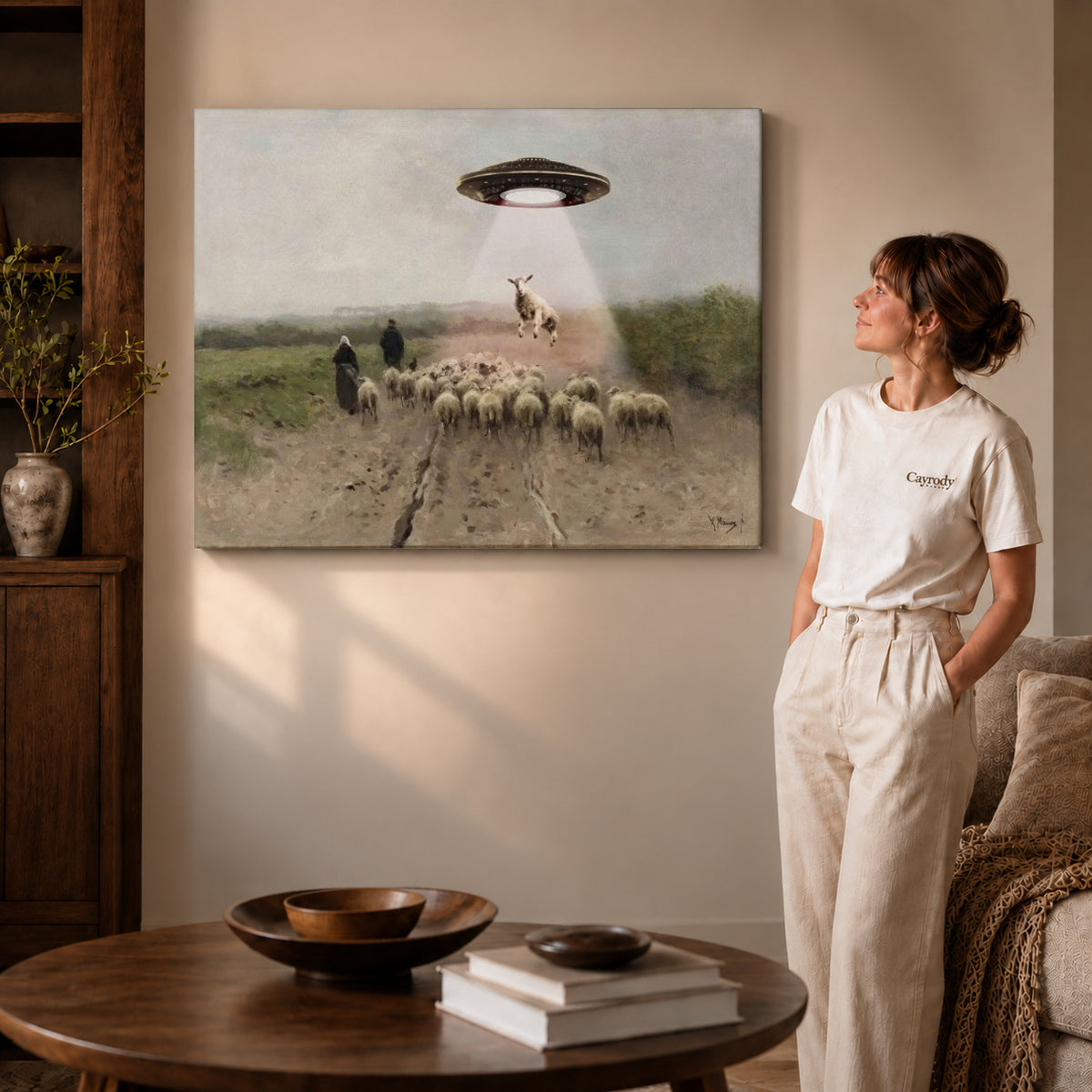 Gallery wrapped alien sheep visit canvas art with visible canvas edges beside a standing woman.