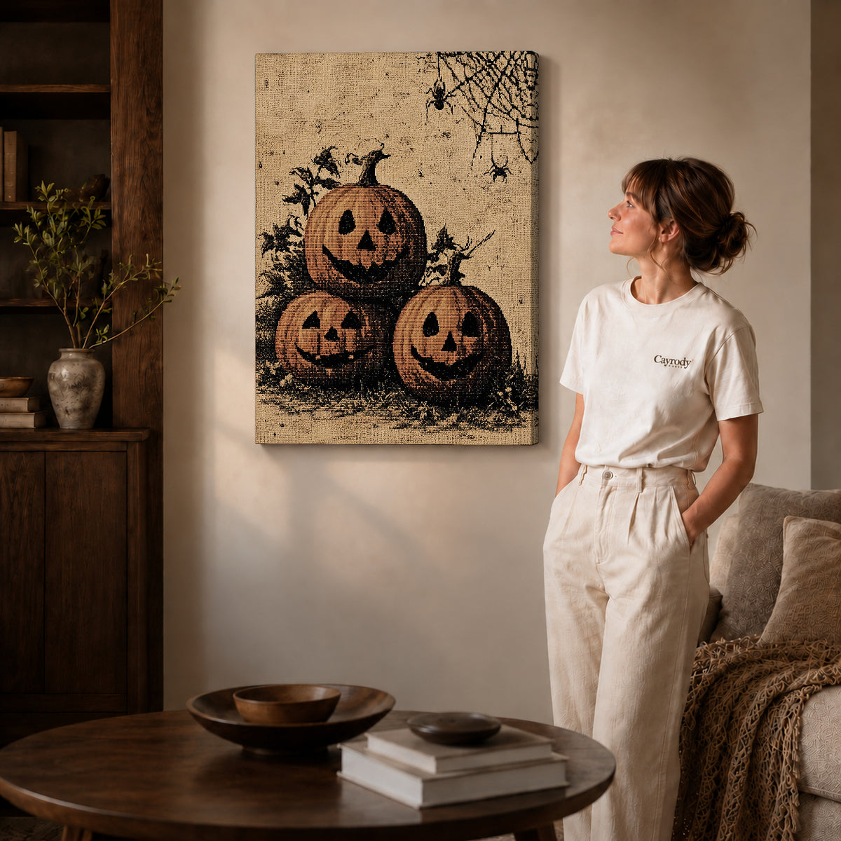 Gallery wrapped pumpkin face trio canvas art with visible canvas edges beside a standing woman.
