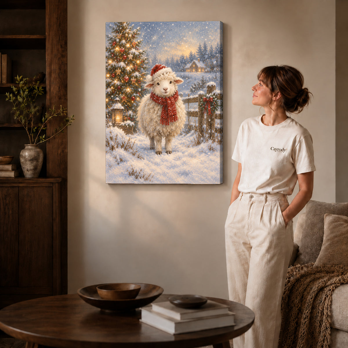Gallery wrapped christmas lamb canvas art with visible canvas edges beside a standing woman.