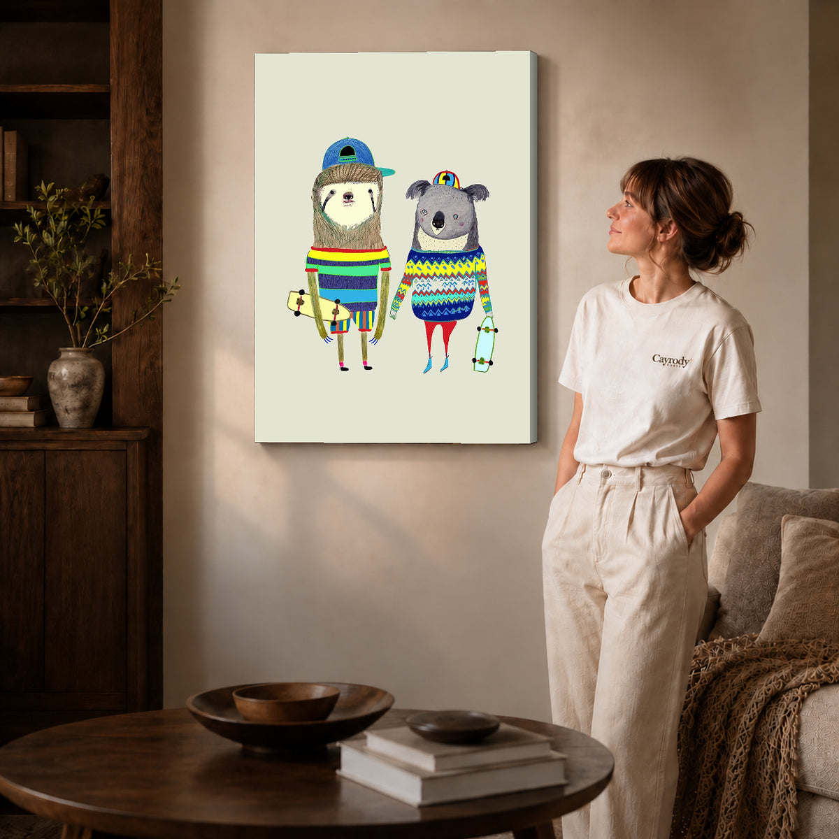 Gallery wrapped skateboard friends canvas art with visible canvas edges beside a standing woman.