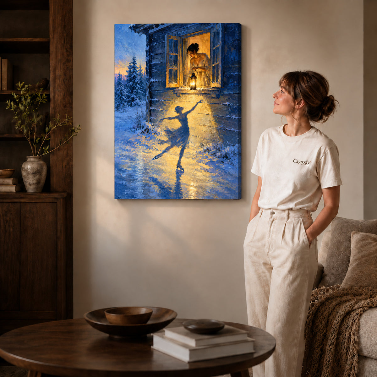 Gallery wrapped winter lantern canvas art showing dimensional edges and soft shadows in a living room.