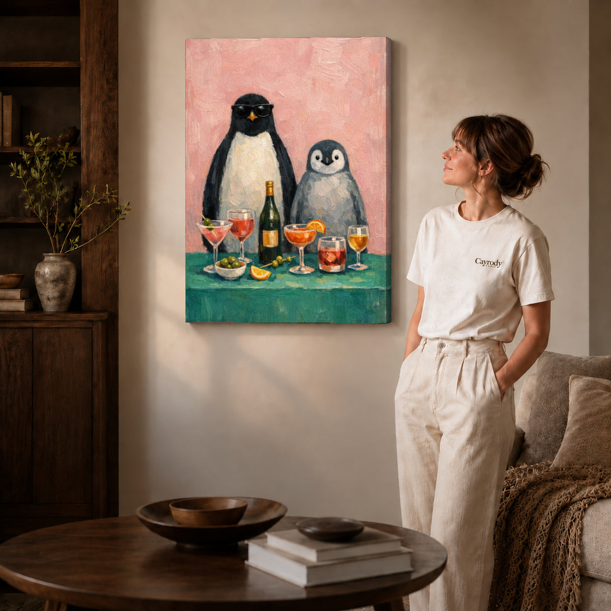Gallery wrapped penguin canvas wall art showing dimensional edges and soft shadows in a living room.