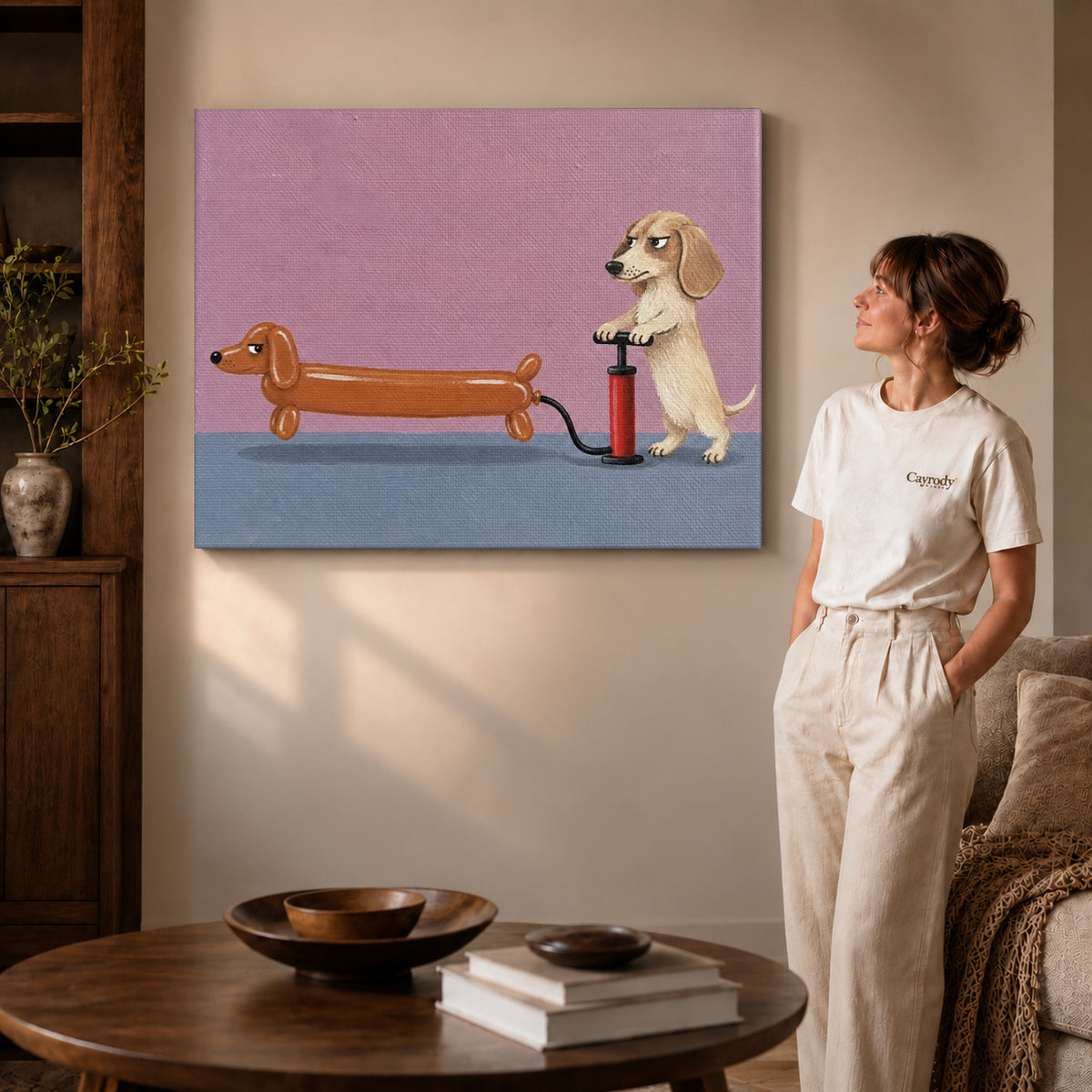 Gallery wrapped funny dog canvas art showing dimensional edges and soft shadows in a living room.