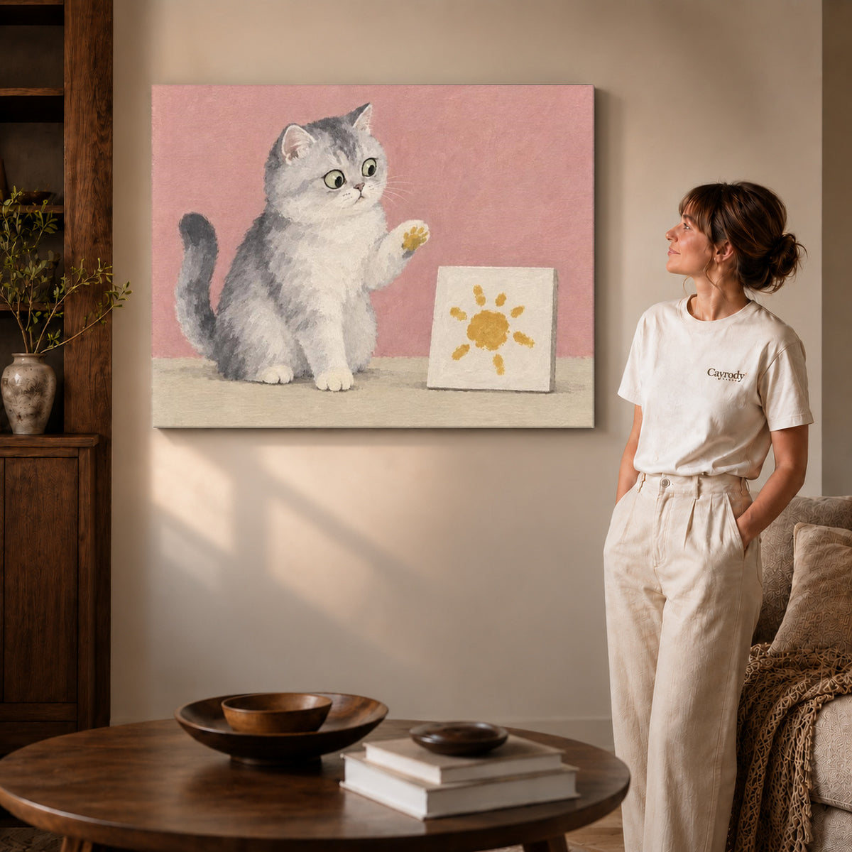 Gallery wrapped artist cat canvas art showing dimensional edges and soft shadows in a living room.