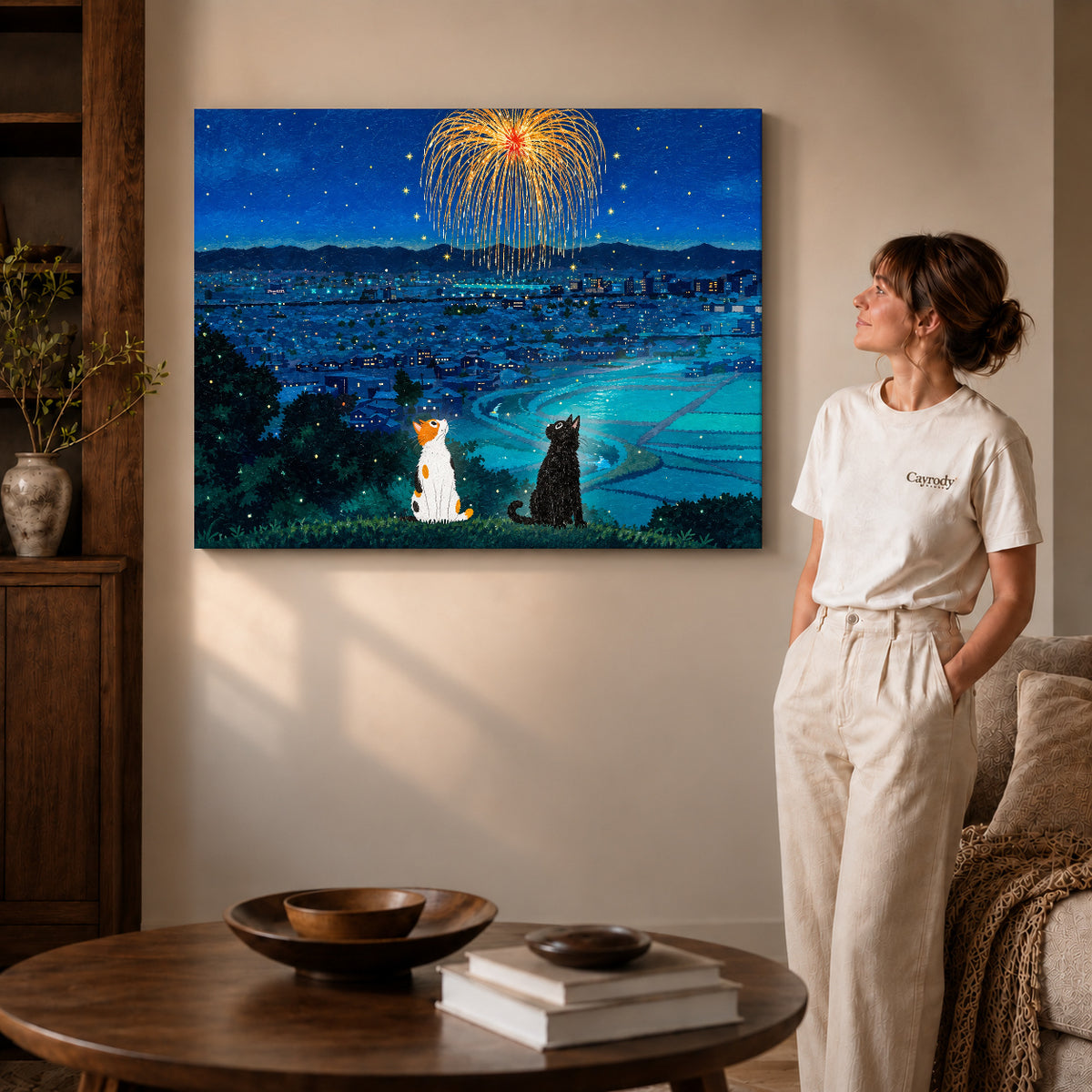 Gallery wrapped night cat canvas art showing dimensional edges and soft shadows in a living room.