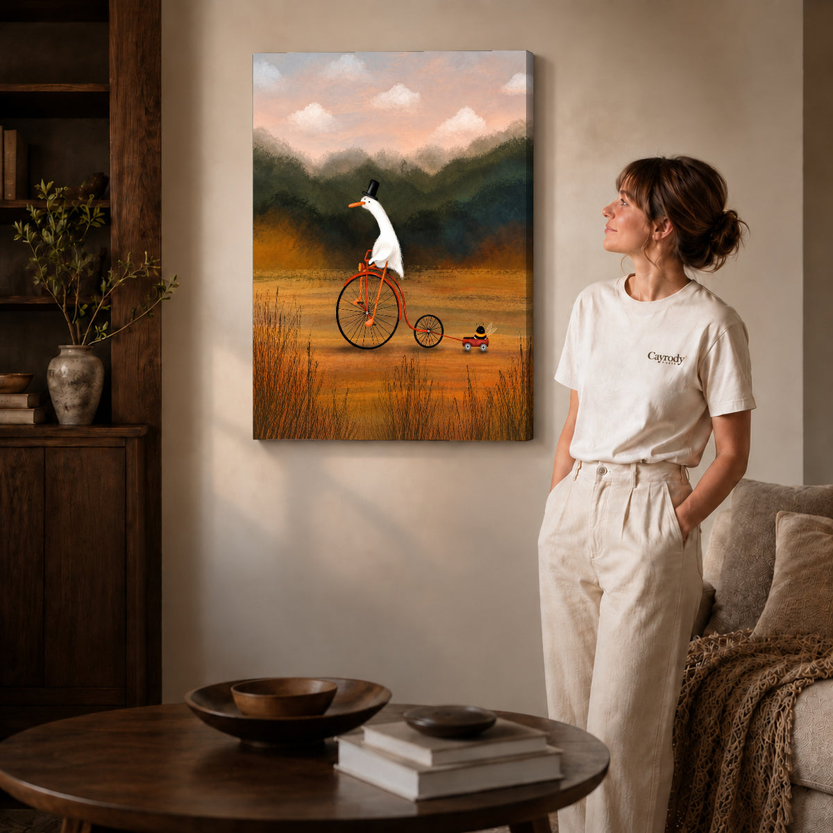Gallery wrapped goose canvas wall art showing dimensional edges and soft shadows in a living room.