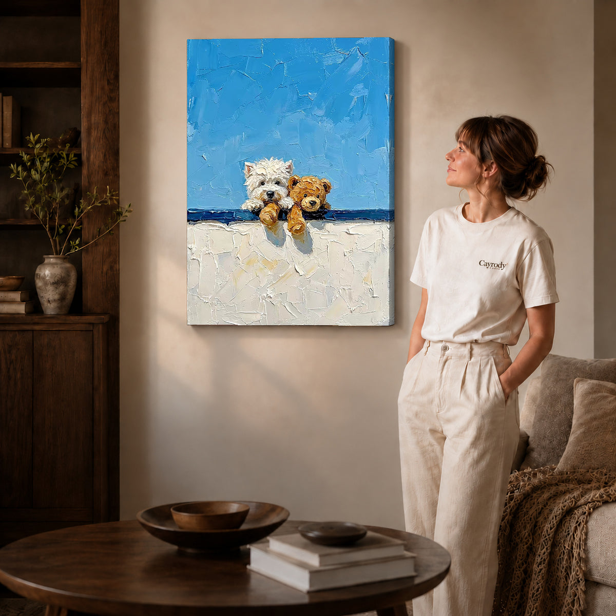 Gallery wrapped westie teddy canvas art showing dimensional edges and soft shadows in a living room.