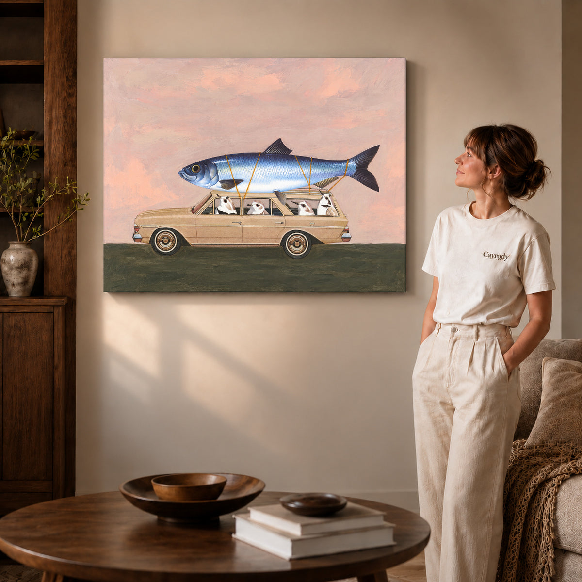 Gallery wrapped fishing trip canvas art showing dimensional edges and soft shadows in a living room.