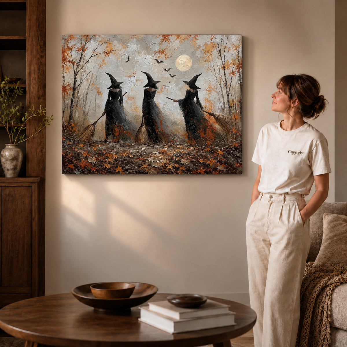 Woodland witches canvas art shown in the gallery-wrapped option with natural side shading and warm surroundings.