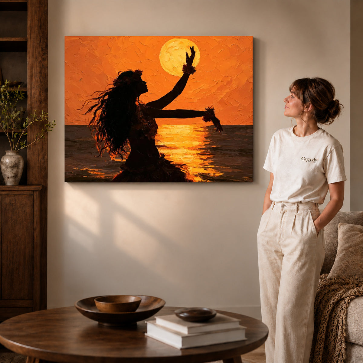 Sunset dancer canvas art shown in the gallery-wrapped option with natural side shading and warm surroundings.