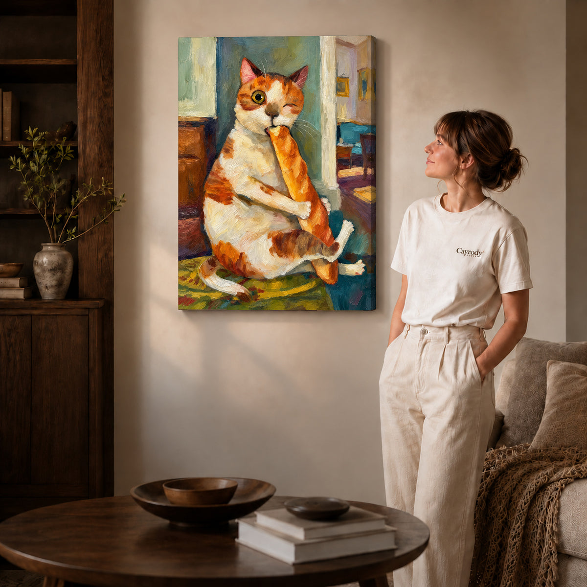 painterly baguette cat canvas art shown in the gallery-wrapped option with visible depth and warm surroundings.
