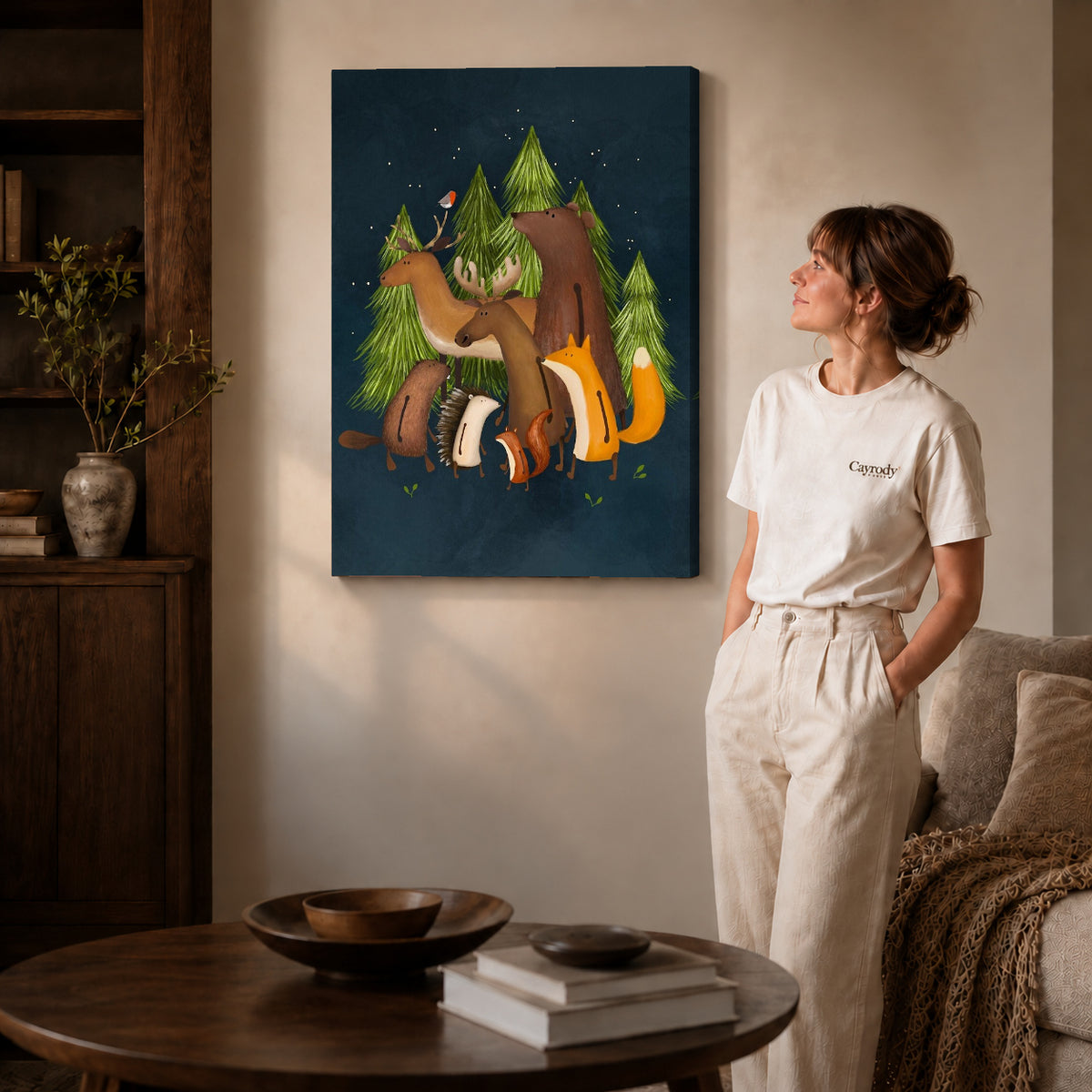 Woodland friends canvas art shown in the gallery-wrapped option with visible depth and warm surroundings.