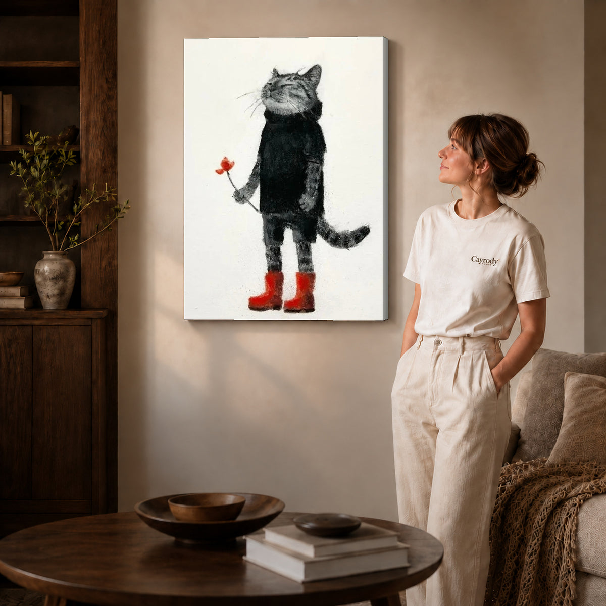 Cat red boots canvas art shown in the gallery-wrapped option with visible depth and warm surroundings.