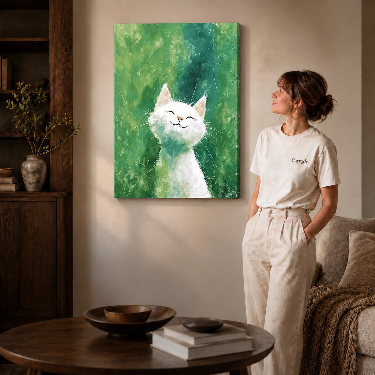 White cat canvas art shown in the gallery-wrapped option with visible depth and warm surroundings.