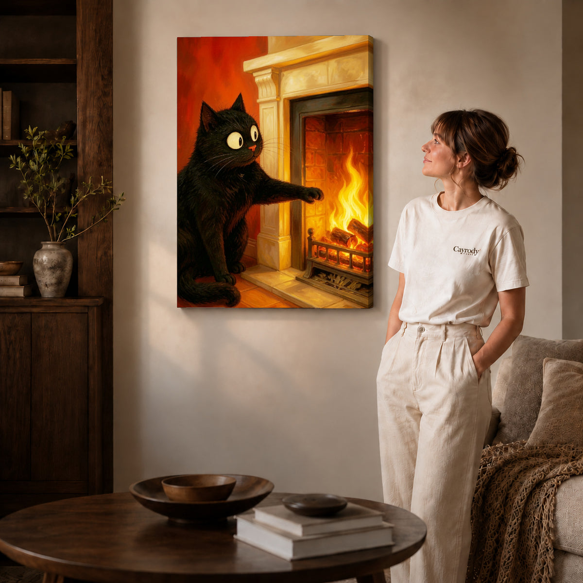 Fireplace cat canvas art shown in the gallery-wrapped option with visible depth and warm surroundings.