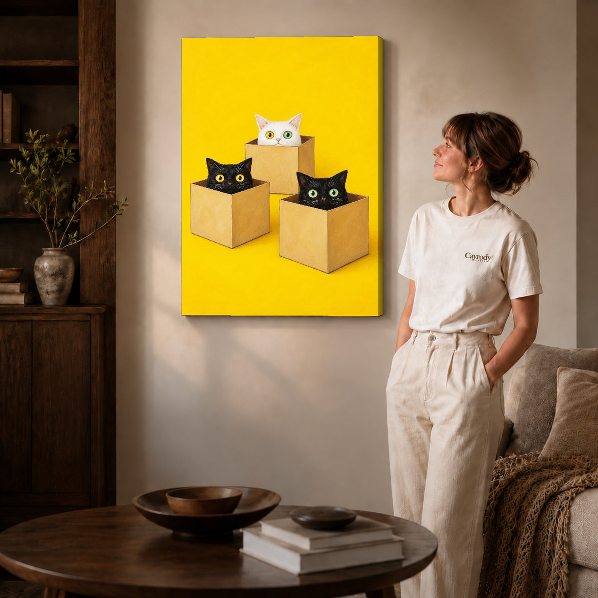 Cats in boxes canvas art shown in the gallery-wrapped option with visible depth and warm surroundings.