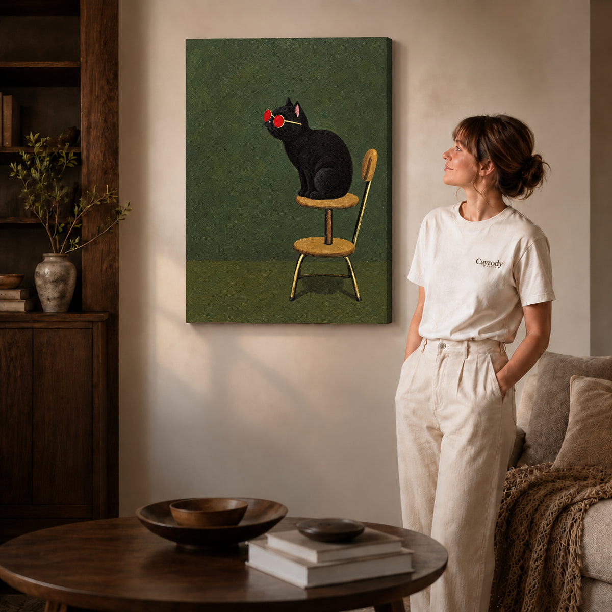 Sunglasses cat canvas art shown in the gallery-wrapped option with visible depth and warm surroundings.