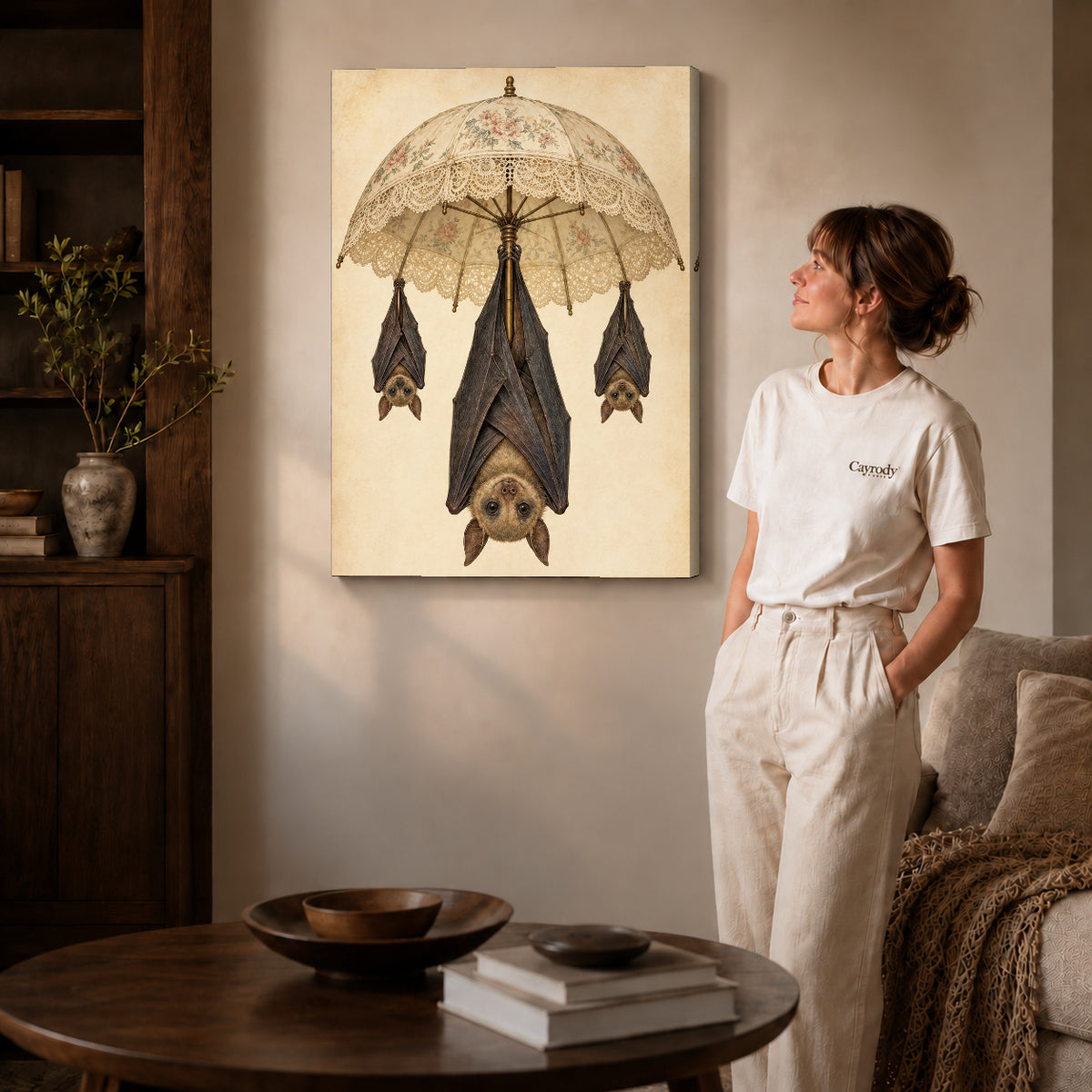 lace parasol bats canvas art shown in the gallery-wrapped option with visible depth and warm surroundings.
