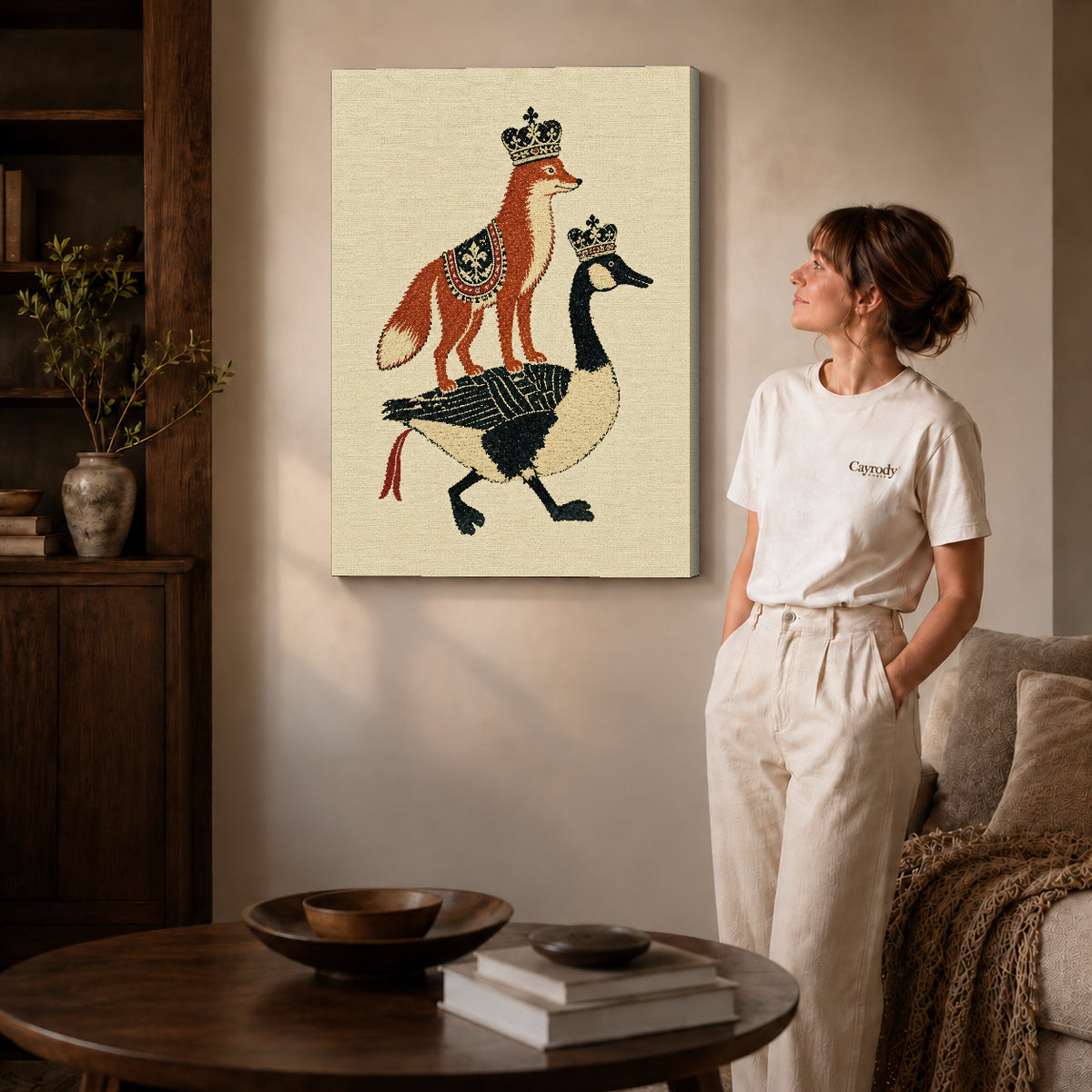 royal fox goose canvas art shown in the gallery-wrapped option with visible depth and warm surroundings.