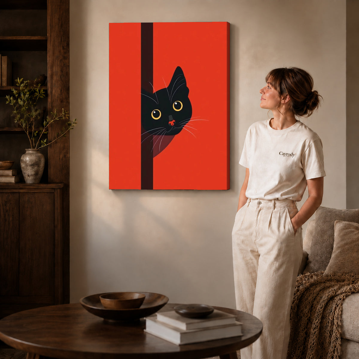 peeking black cat canvas art shown in the gallery-wrapped option with visible depth and warm surroundings.