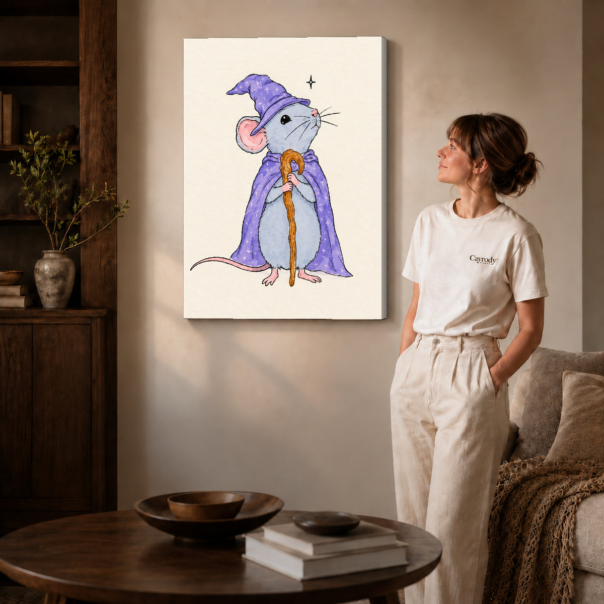 whimsical wizard mouse canvas art shown in the gallery-wrapped option with visible depth and warm surroundings.