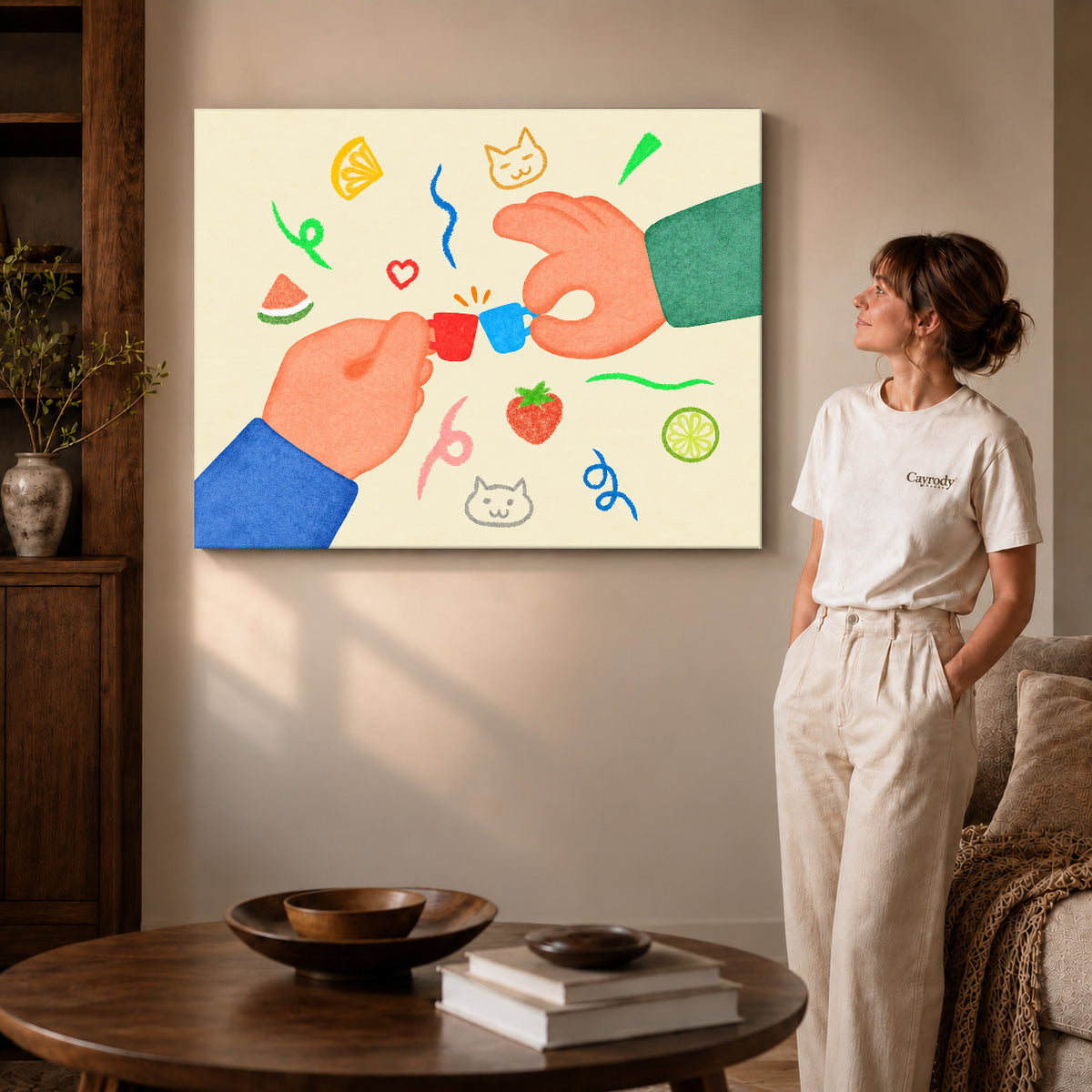 playful tiny cup cheers canvas art shown in the gallery-wrapped option with natural side shading and warm surroundings.