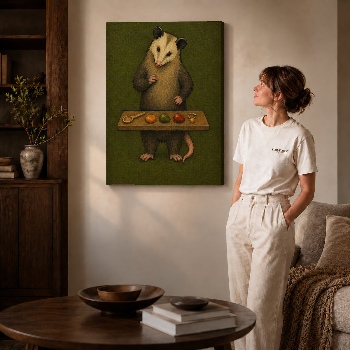 painterly curious opossum canvas art shown in the gallery-wrapped option with visible depth and warm surroundings.