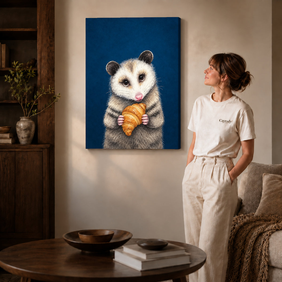 croissant opossum portrait canvas art shown in the gallery-wrapped option with visible depth and warm surroundings.