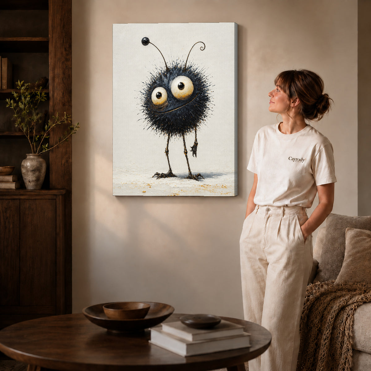 whimsical fuzzy creature canvas art shown in the gallery-wrapped option with visible depth and warm surroundings.