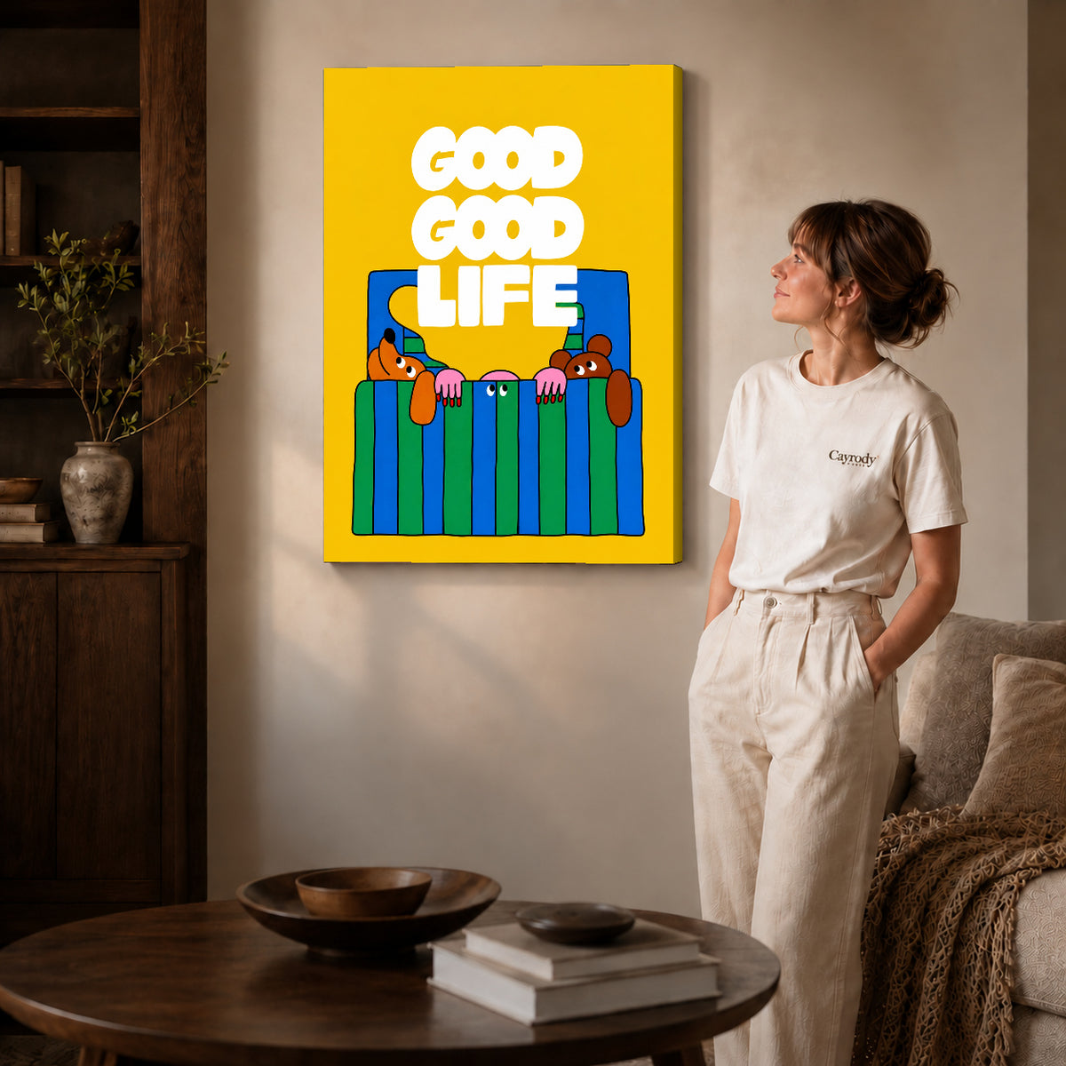 playful bedtime dogs canvas art shown in the gallery-wrapped option with visible depth and warm surroundings.