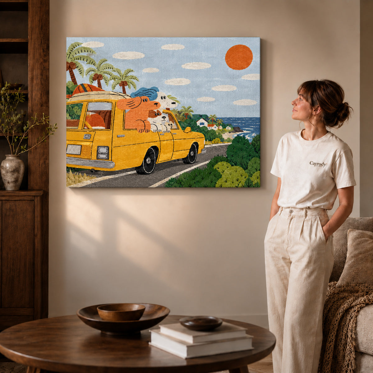 coastal camper dogs canvas art shown in the gallery-wrapped option with natural side shading and warm surroundings.