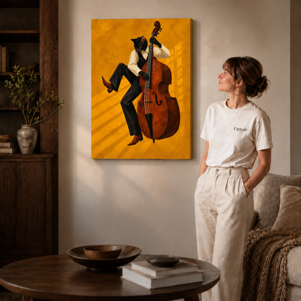 golden jazz bassist cat canvas art shown in the gallery-wrapped option with visible depth and warm surroundings.