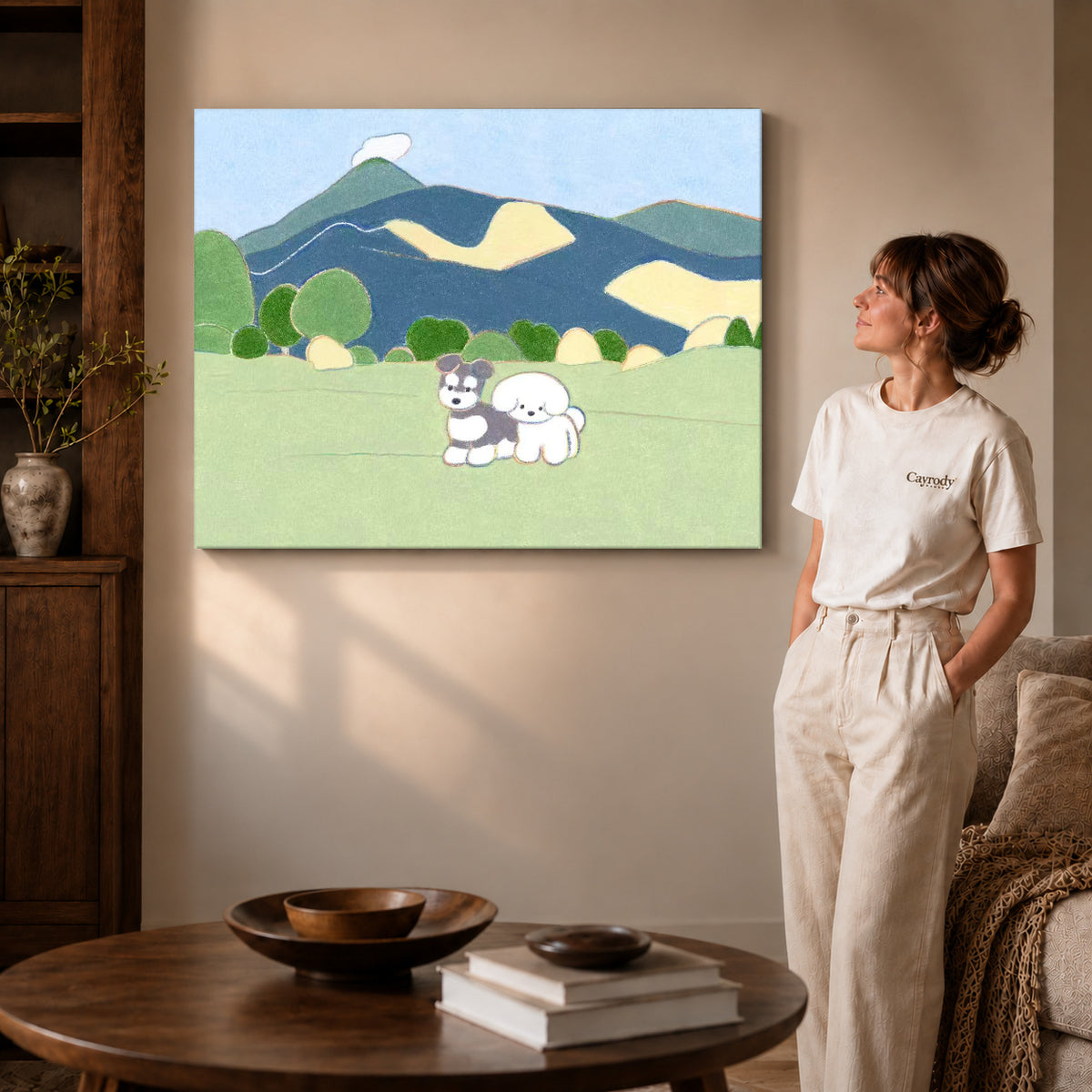 peaceful mountain dogs canvas art shown in the gallery-wrapped option with natural side shading and warm surroundings.