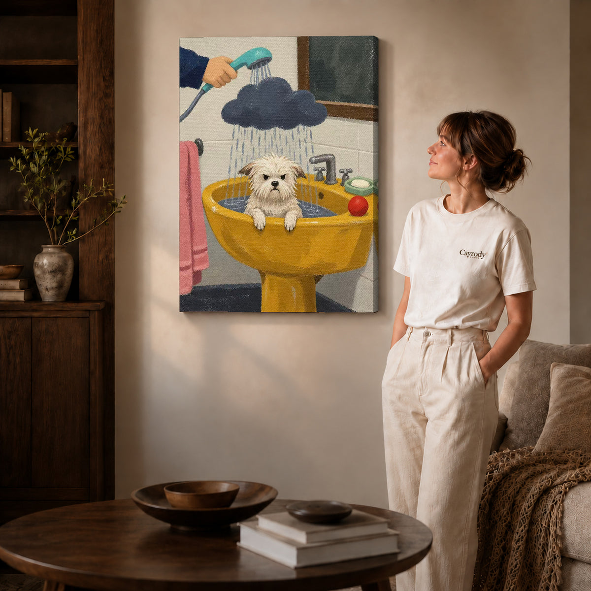 playful puppy bath canvas art shown in the gallery-wrapped option with visible depth and warm surroundings.