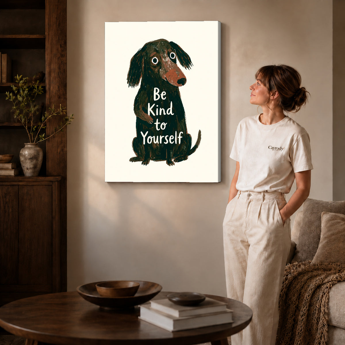 gentle kindness dog canvas art shown in the gallery-wrapped option with visible depth and warm surroundings.