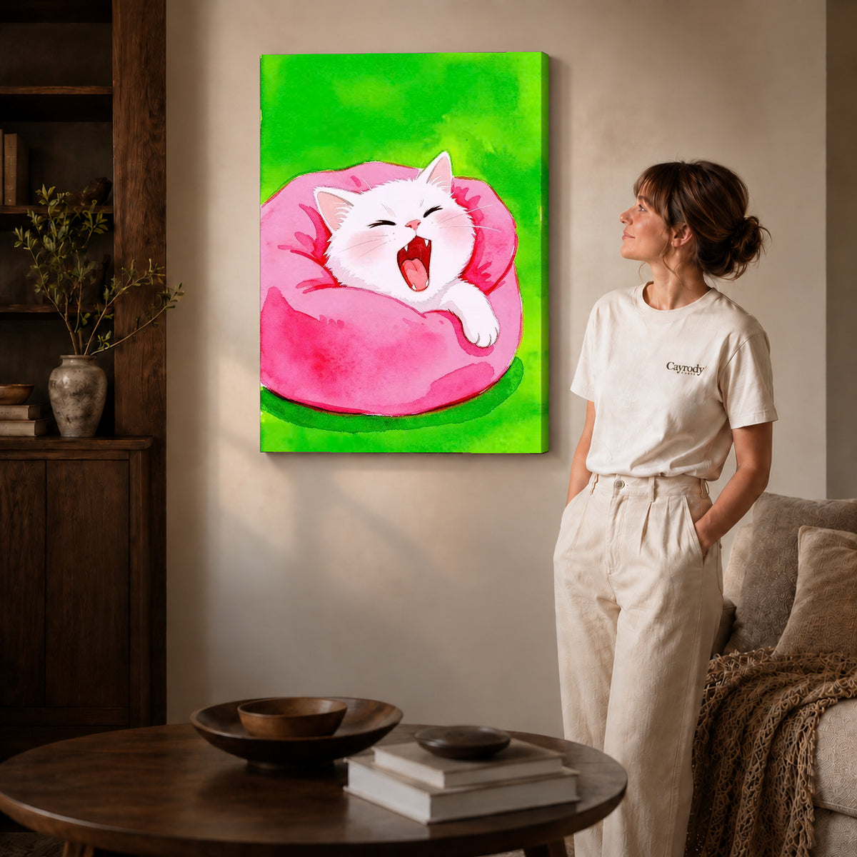 cozy yawning kitten canvas art shown in the gallery-wrapped option with visible depth and warm surroundings.