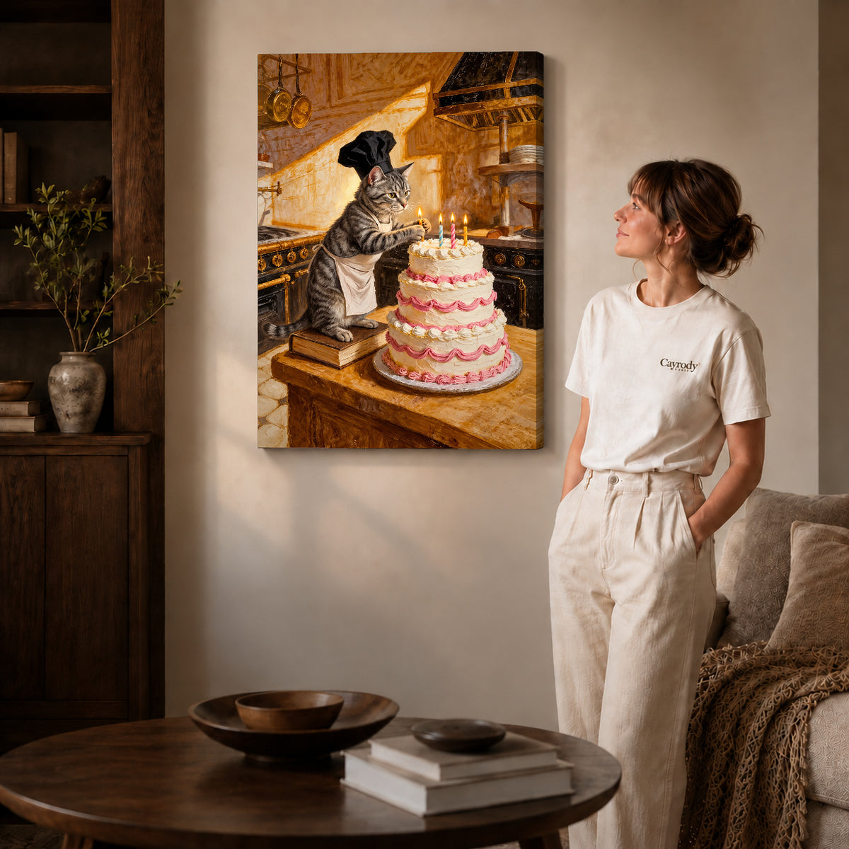 warm birthday baker cat canvas art shown in the gallery-wrapped option with visible depth and warm surroundings.