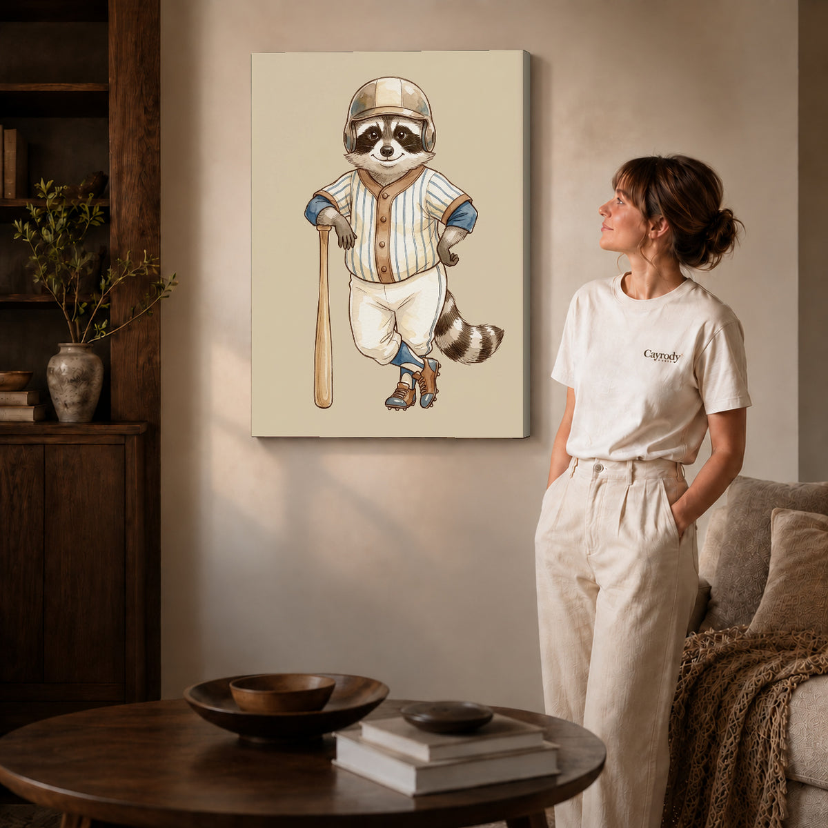 vintage baseball raccoon canvas art shown in the gallery-wrapped option with visible depth and warm surroundings.
